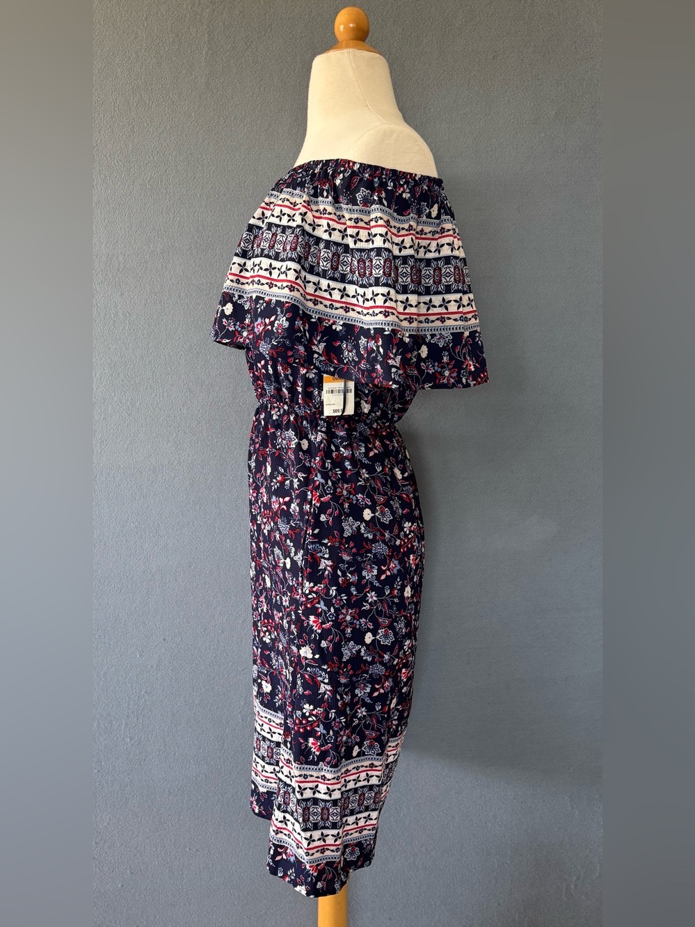 STYLE & CO Navy Floral Off Shoulder Dress Small NWT Boho Pockets - Picture 3 of 10